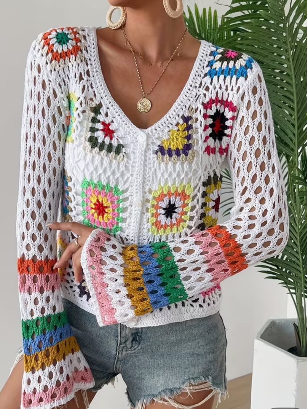 HANDMADE White Crochet Multi-Color Granny Square Sweater Cardigan L NIB